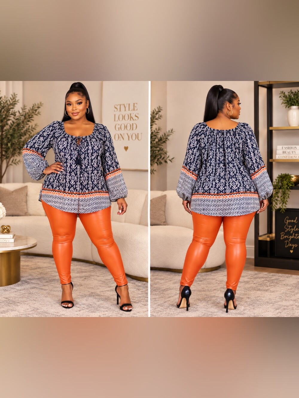 Plus Size Navy Printed Peasant Top with Orange Accent